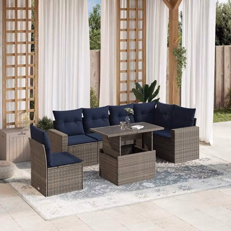 Set di divani da giardino vidaXL in polyrattan 7 pezzi con cuscini grigi e tavolino da esterno a forma di L