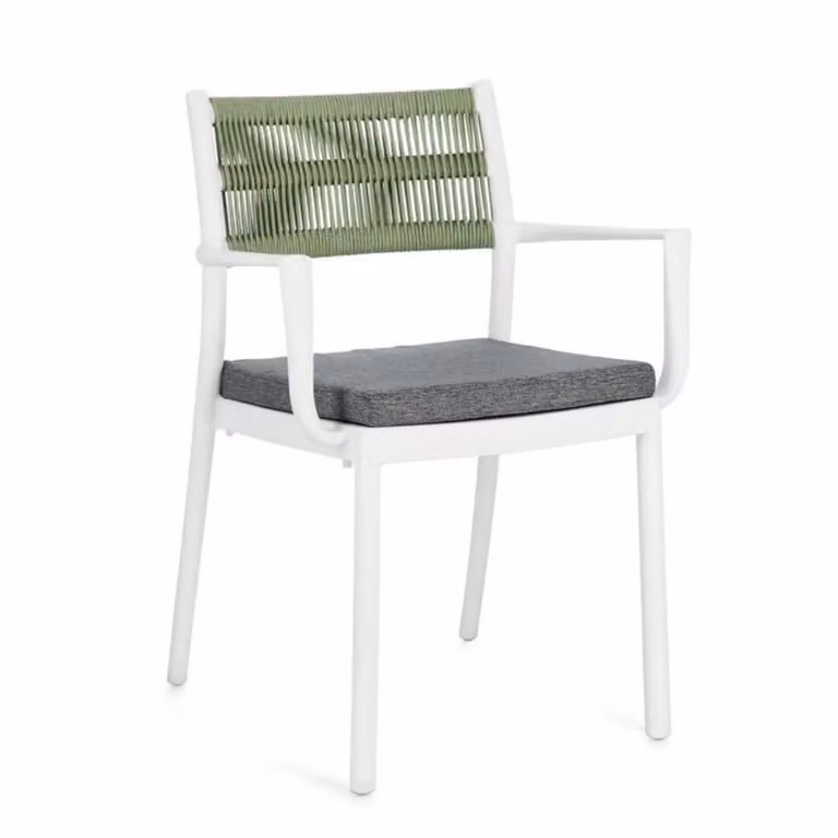 Set di 4 sedie ALVIN in polipropilene bianco e corda intrecciata verde, con braccioli