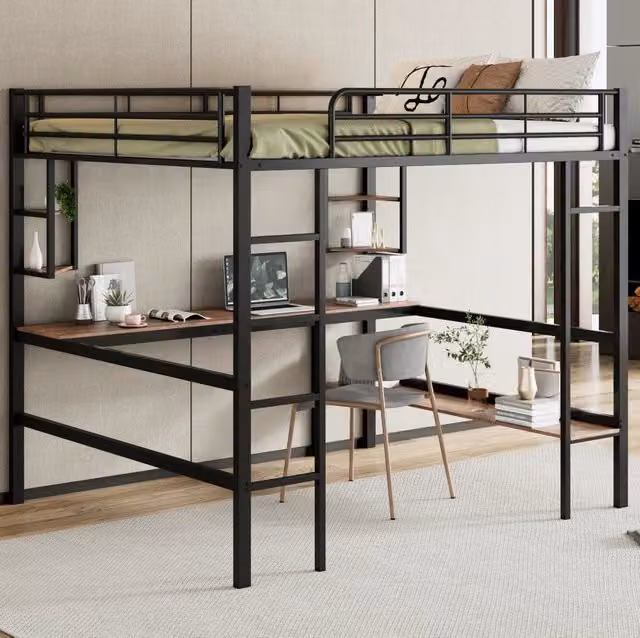 Letto a soppalco in metallo 140x200 cm con scrivania e libreria; nero