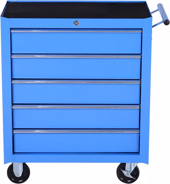 Carrello Cassettiera zephmum con 5 Cassetti in Metallo Blu con Ruote e Piano d'Appoggio L: 67.5 cm, P: 33 cm, H: 77 cm