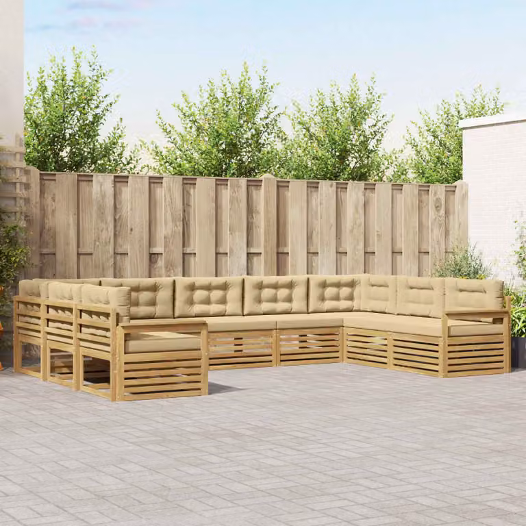 vidaXL Set di divani da esterno a L in legno di acacia con cuscini, Bianco e Beige