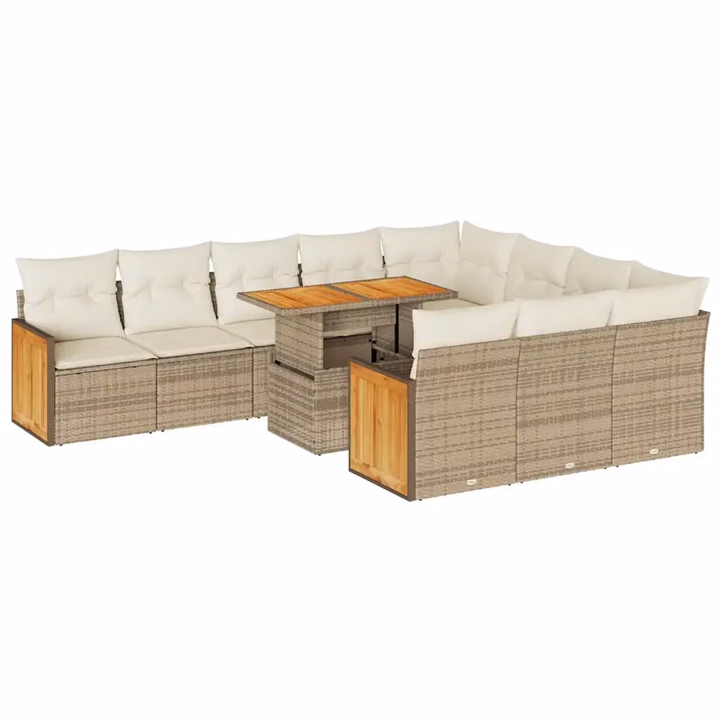 Set di Divani da Giardino a L vidaXL in Polyrattan e Legno di Acacia con Cuscini Beige e Tavolino da Esterno 11 Pezzi – 2