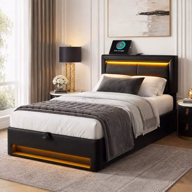 Letto imbottito 90x200 cm nero in PU, LED con ricarica USB e vano contenitore, senza materasso