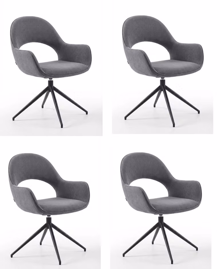 Set di 4 eleganti sedie girevoli per sala da pranzo, colore grigio, rivestite in tessuto, dallo stile aristocratico