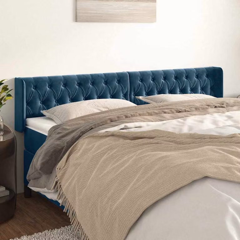 Testiera per letto vidaXL in velluto blu scuro con design ad orecchio, L: 183 cm, P: 16 cm, H: 78-88 cm