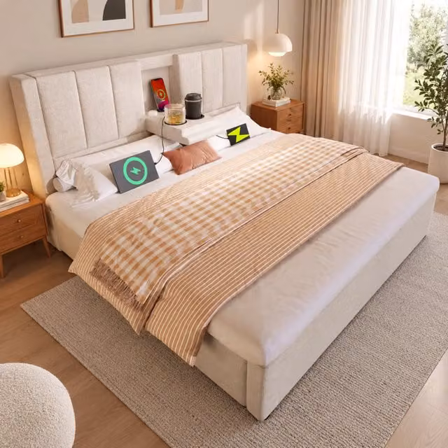 Letto contenitore imbottito 180x200 cm; sollevamento idraulico; portabicchiere nascosto; stazione di ricarica; rete a doghe; lino; beige