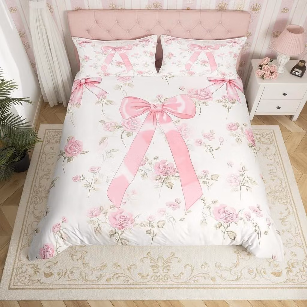 Set di lenzuola per bambini rosa con motivo floreale acquerellato