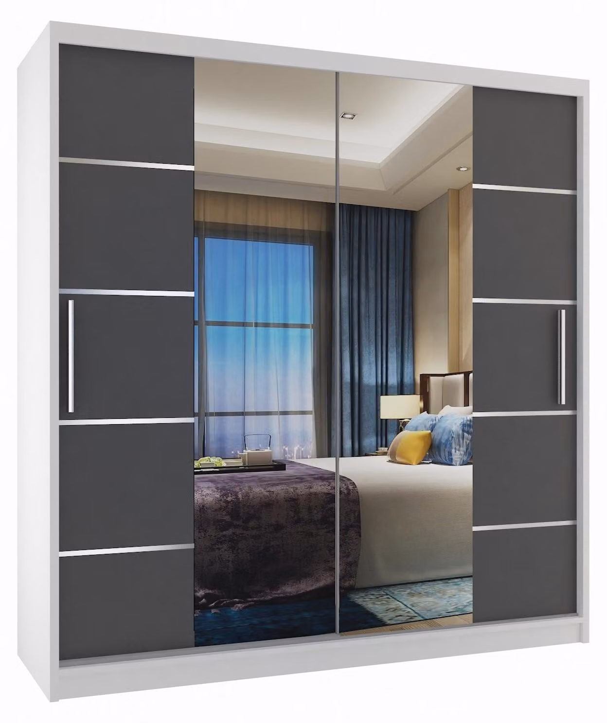 BELINI Verona, armadio scorrevole da 158 cm, bianco/grigio opaco - armadio con specchio e 2 cassetti, ideale per la camera da letto
