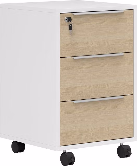 Schedario da ufficio HOMCOM con 3 cassetti, ruote e serratura con 2 chiavi, Bianco e Rovere