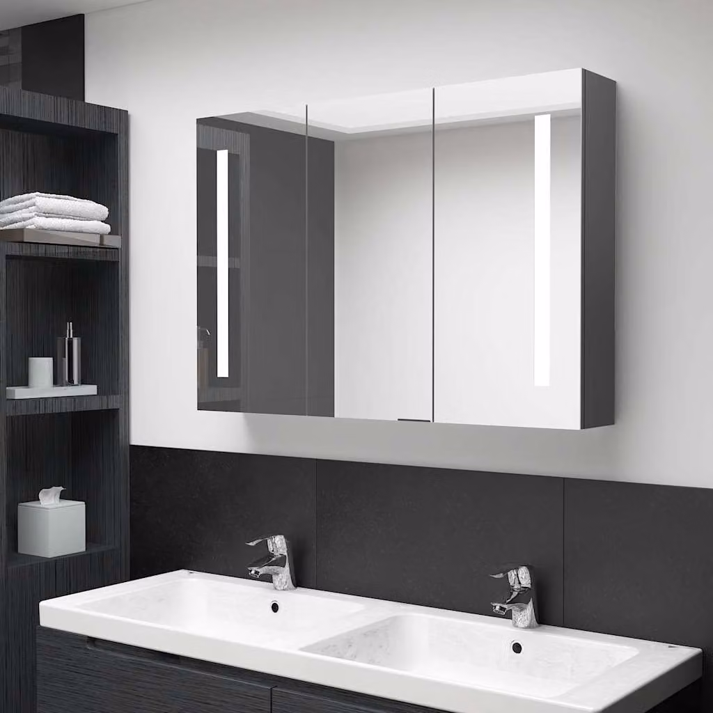 Armadietto da bagno con specchio e illuminazione LED vidaXL, Grigio, L: 89 cm, P: 14 cm, H: 62 cm – 1