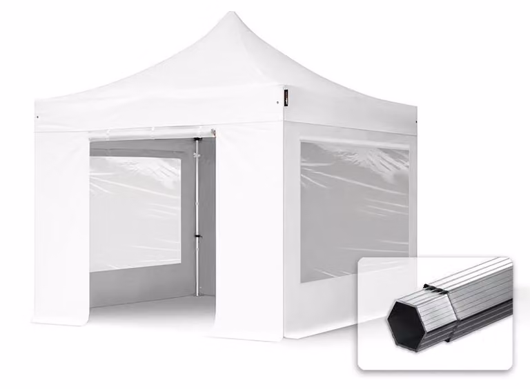 TOOLPORT 3x3m gazebo pieghevole PVC con laterali (finestre panoramiche), PROFESSIONAL alluminio, bianco