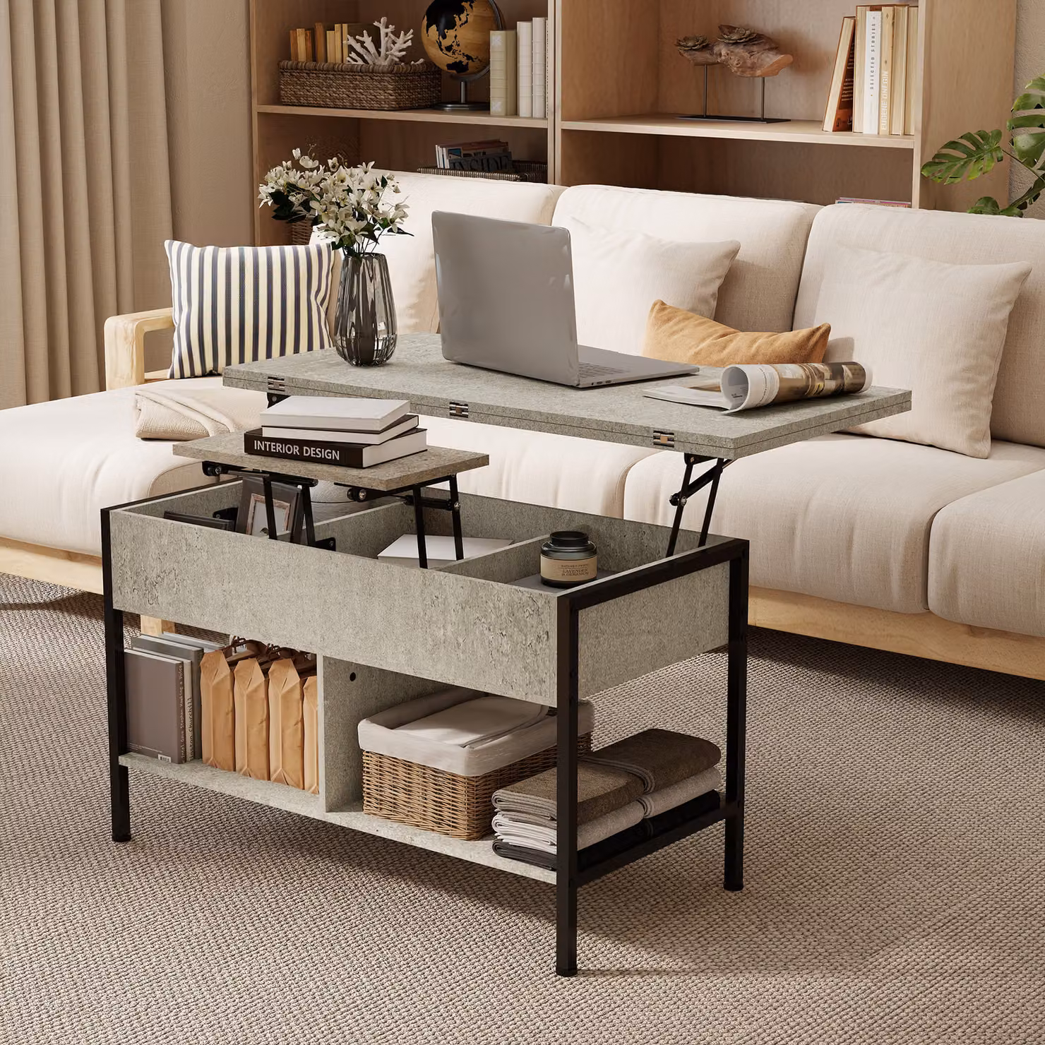 Tavolino da salotto HOMCOM sollevabile e allungabile con vano nascosto, Grigio, L: 98 cm, P: 49 cm, H: 55 cm – 2