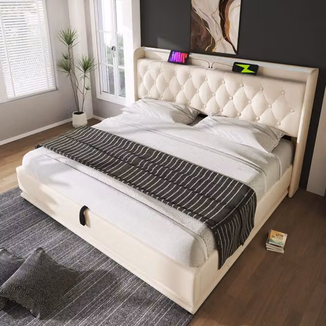 Letto contenitore Mivray con illuminazione LED, testiera imbottita e porte di ricarica USB, rivestimento in ecopelle bianco, L/P/H: 140 x 200 cm