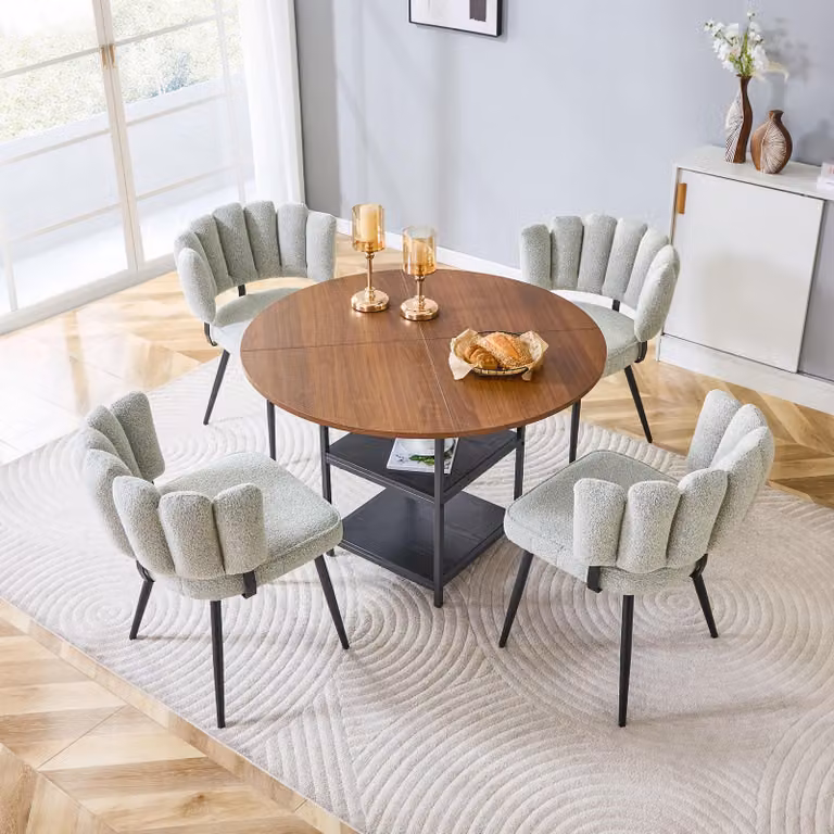 Set tavolo e sedie, tavolo rotondo da pranzo di 107 cm, con doppio ripiano + 4 sedie in tessuto bouclé (beige chiaro, noce e nero)