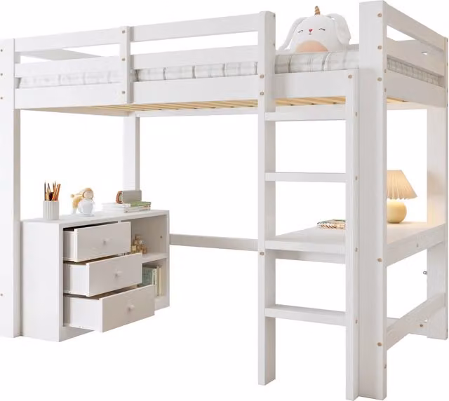 Letto a soppalco singolo bianco con scrivania, cassettiera, ripiano e scala a 4 gradini, L/P/H: 90 x 200 x 204 cm
