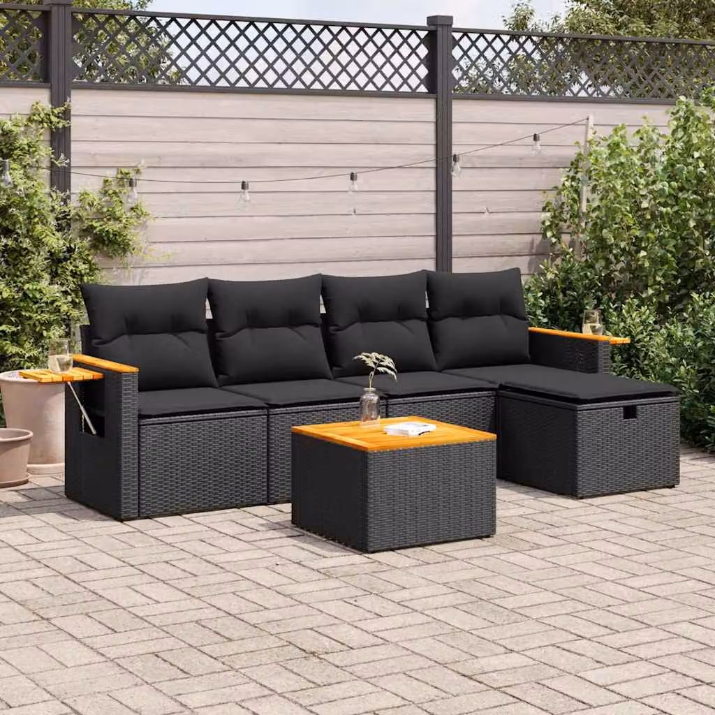 Set Divano da Giardino vidaXL 6 pz in Polyrattan Nero con Cuscini e Tavolino da Esterno a Forma di L