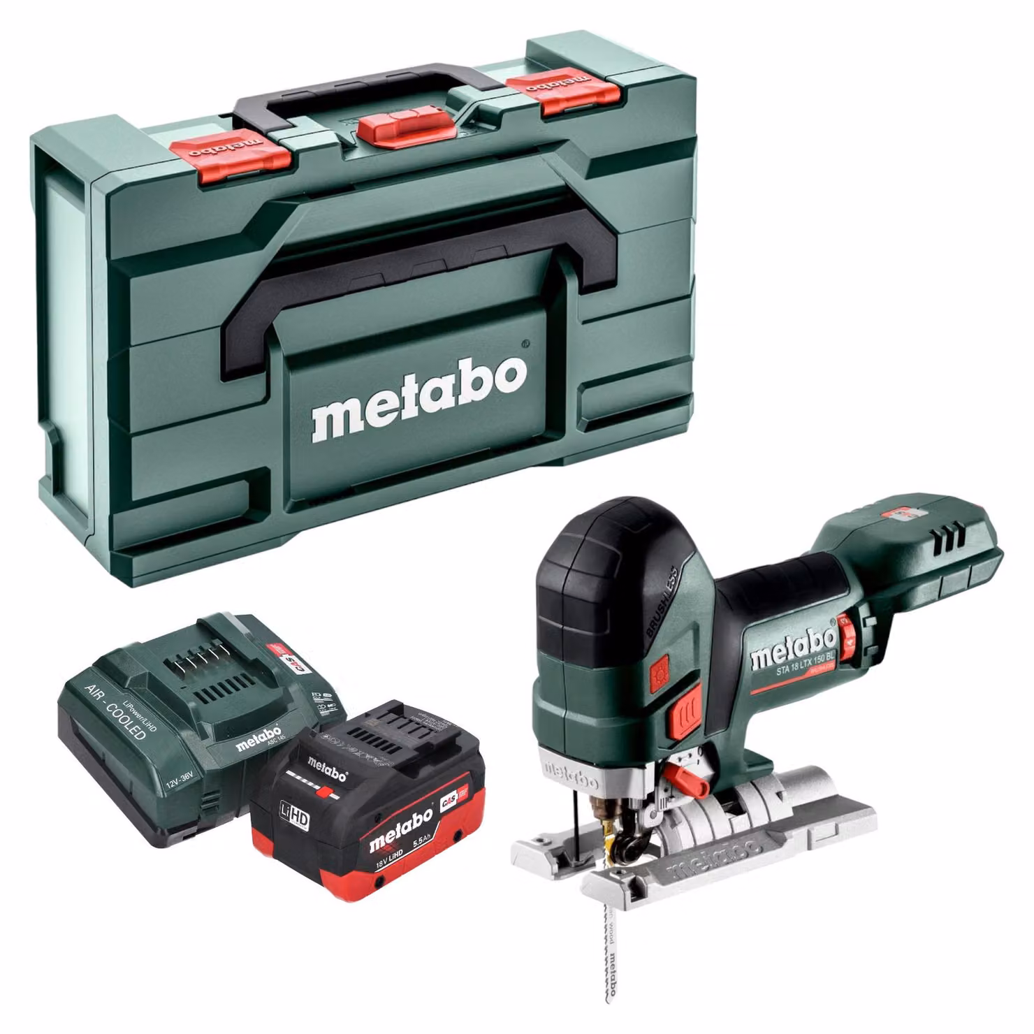 Sega a gattuccio a batteria Metabo STA 18 LTX 150 BL 18 V 150 mm Brushless + 1x batteria LiHD 5,5 Ah + caricabatterie + Metabox
