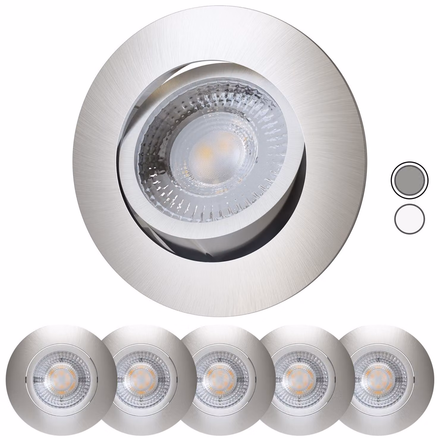 Set di 6 faretti LED da interno, stile scandinavo, 230V, 4,3W, luce calda, orientabili, diametro 68-75mm. Adatti per il bagno. Indice di resa cromatica (CRI) 90, 350 lumen, 3000K, diametro 68mm. Design in acciaio inossidabile. Faretti LED da incasso, lamp