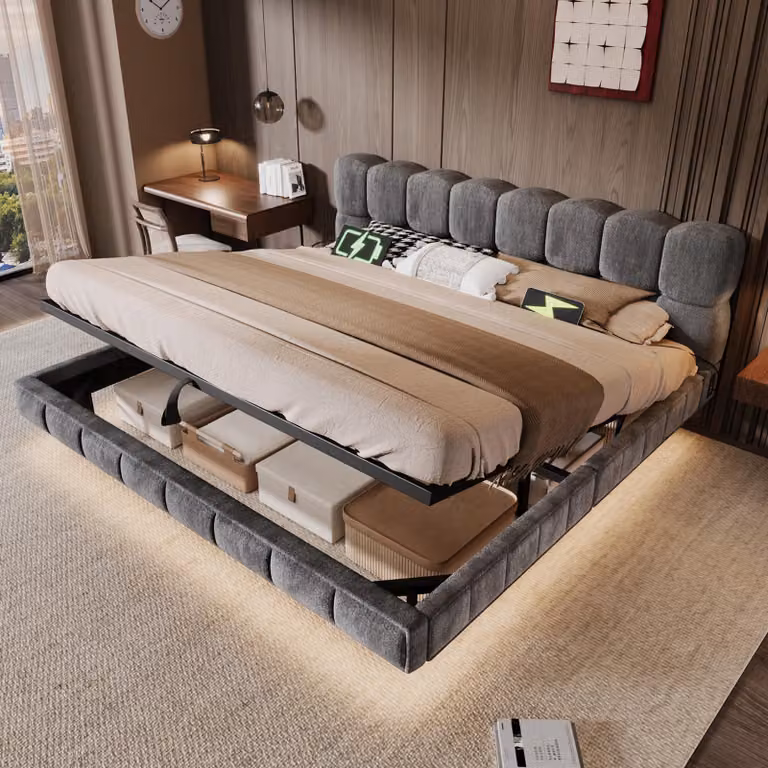 Letto imbottito Flieks 180x200 cm con USB e porta Type-C, letto con contenitore a sollevamento idraulico rivestito in ecopelle, letto matrimoniale per ragazzi con spazio contenitore, letto con meccanismo a sollevamento idraulico, rivestito in velluto, col