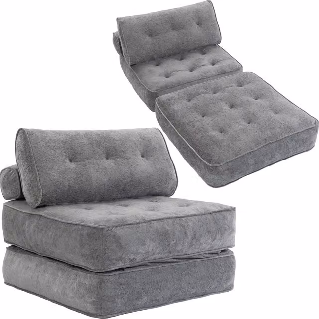 Poltrona Letto Pieghevole 3 in 1, 1 Posto, 95 x 220 cm, con 2 Cuscini, Grigio Chiaro, Salvaspazio Multifunzionale