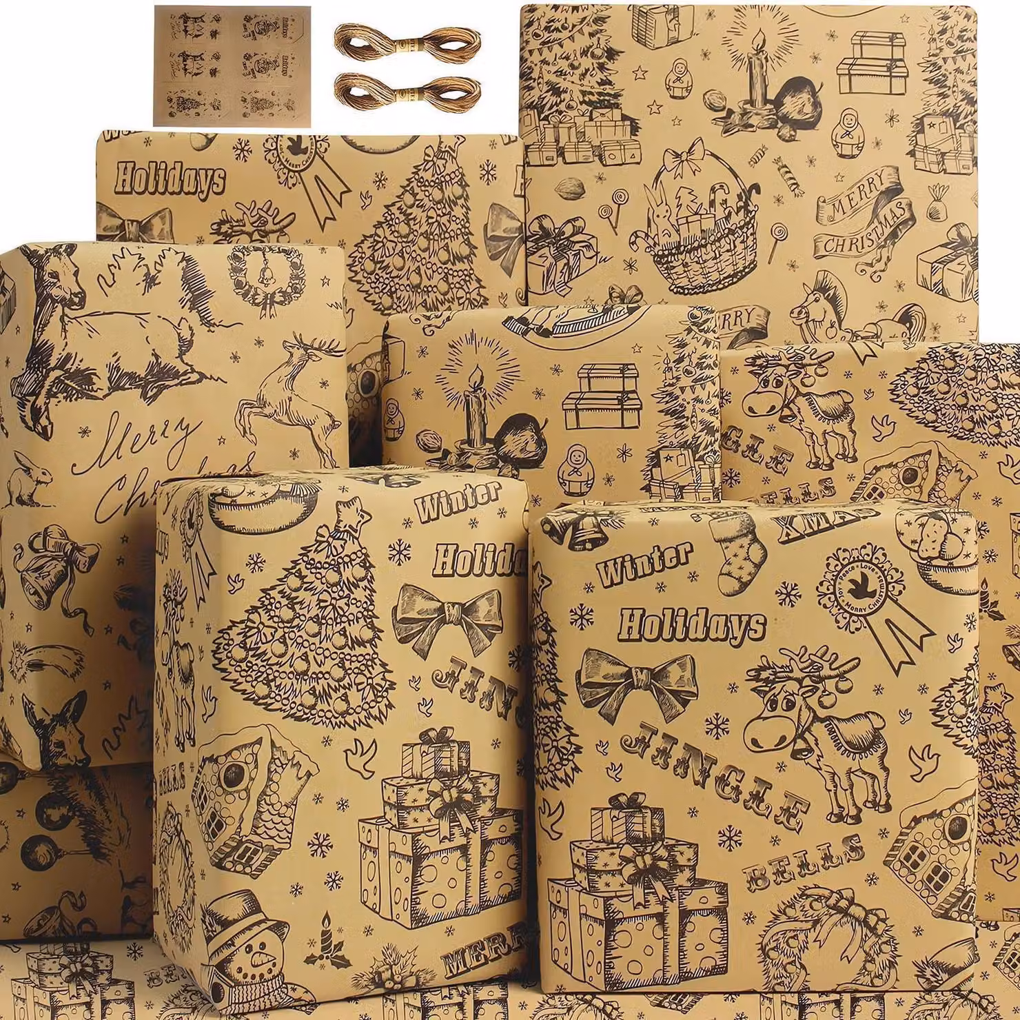 Set di carta da regalo marrone e nero, stile vintage, composto da 6 fogli di carta kraft da 50x70 cm, con etichette e spago di iuta