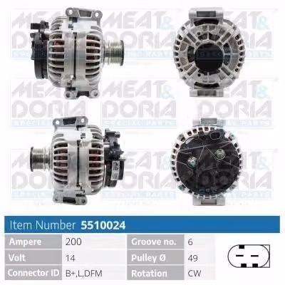 MEAT & DORIA 5510024 Alternatore 200 A 14 V compatibile con MERCEDES-BENZ SPRINTER 3,5 t furgone (906), VIANO (W639) e VITO (W639)