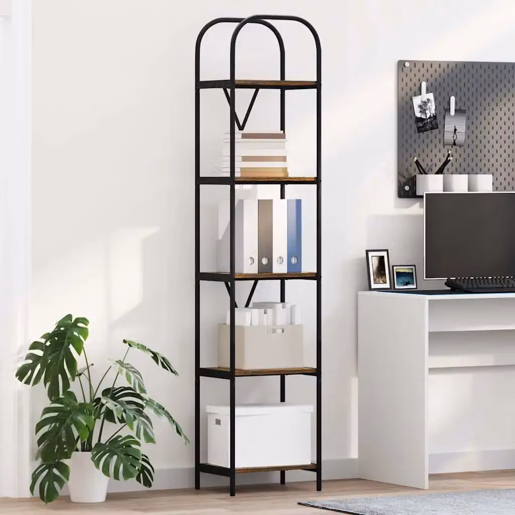 Libreria moderna vidaXL a 5 livelli in legno e metallo, colore marrone e nero, L/P/H: 40 x 30 x 183 cm