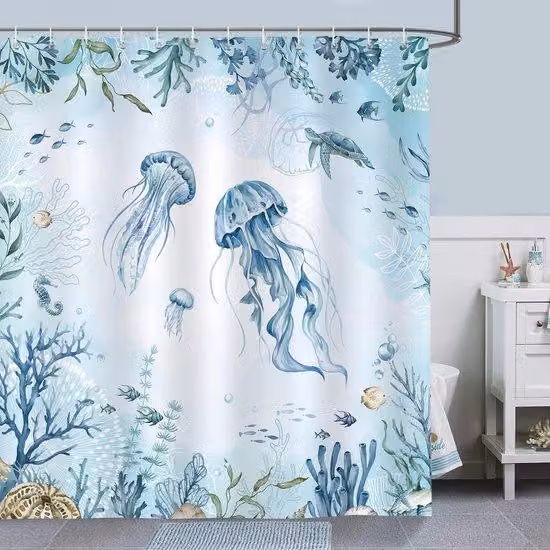 Pannello divisorio per piscina, motivo meduse - Impermeabile - Antimuffa - Lavabile - 180x180 cm - Con 12 anelli - Divisorio per bagno