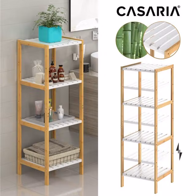Scaffale per bagno e cucina Casaria® in bambù bianco con 4 ripiani, H 110 cm x L 33 cm x P 34 cm – 1