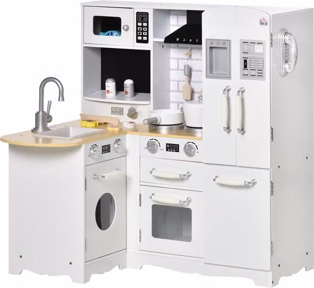 Cucina Giocattolo in Legno HOMCOM per Bambini con 14 Accessori, Forno e Lavandino, Bianco, L 82 cm x P 65 cm x H 87 cm