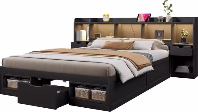 Letto contenitore 140x200 cm nero con testiera libreria, tre cassetti, vani portaoggetti, luce LED e porta USB