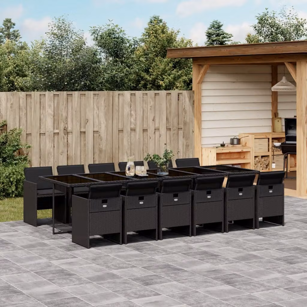 Set da pranzo da giardino vidaXL in polyrattan nero con cuscini e piano in vetro per 13 persone – 1