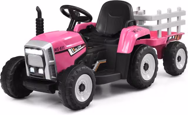 Trattore giocattolo elettrico con 3 marce luci led musica clacson, Trattore con rimorchio 12 v per bambini Rosa-Macchinine giocattoli