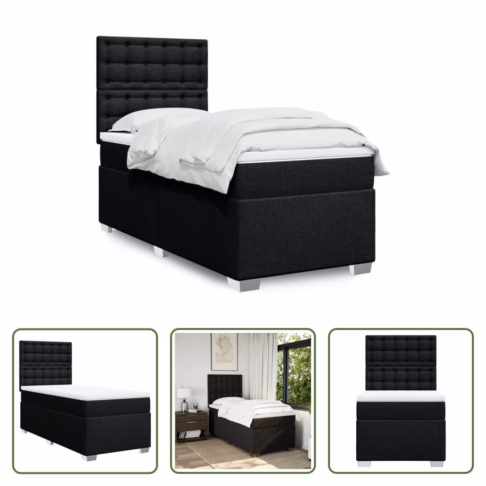 The Living Store Letto a molle con materasso nero 90x200 cm in tessuto