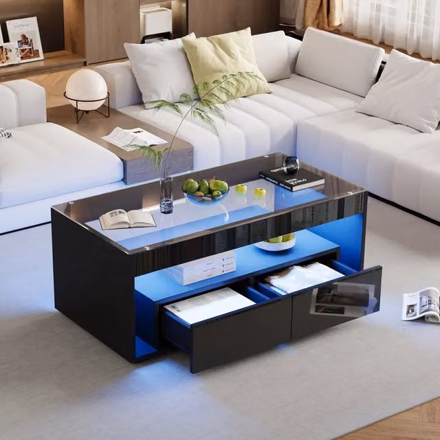 Tavolino da salotto moderno nero con LED, piano in vetro temperato, 2 cassetti e doppio piano, 100 x 50 x 40 cm
