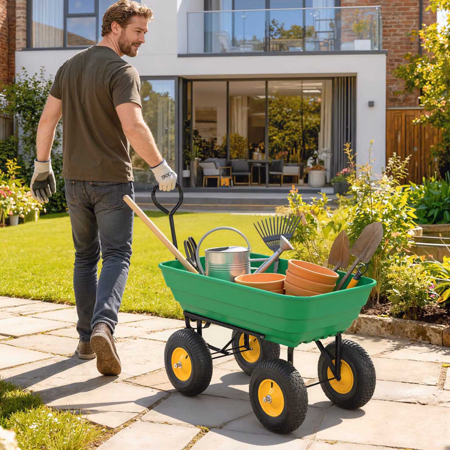 Carrello da giardino Outsunny in acciaio e PP con vasca ribaltabile e maniglia, Verde, L: 109 cm, P: 52 cm, H: 94 cm – 2