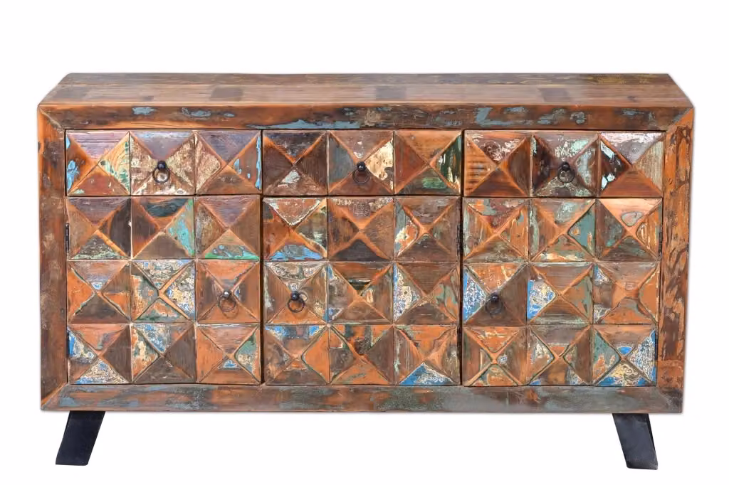Credenza in legno di acacia marrone con dettagli in metallo e design etnico geometrico per la tua sala da pranzo – 2
