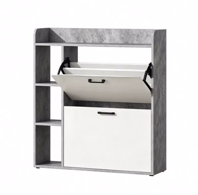 Armadio portascarpe moderno con 2 ante a ribalta, salvaspazio 83x24x90,5 cm bianco e grigio