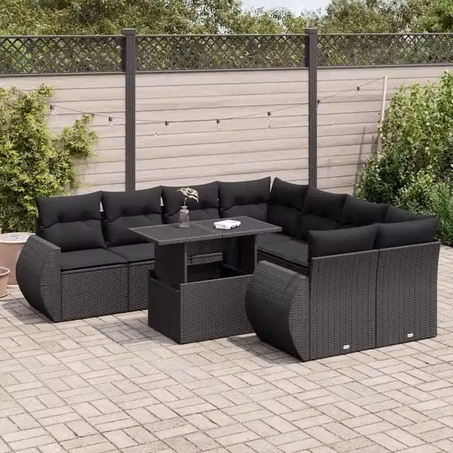 Set Divani da Giardino 9 pz con Cuscini Nero in Polyrattan 3326606