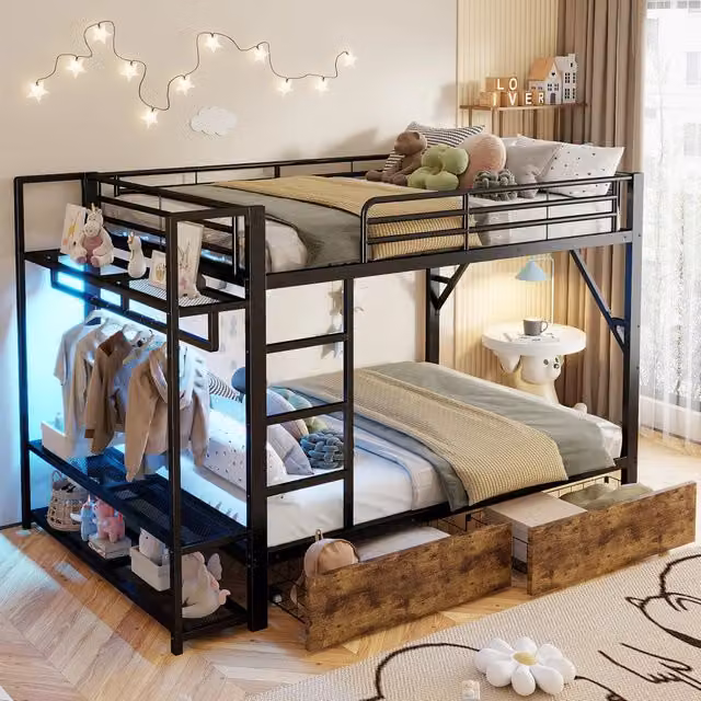 Letto a castello 140×200 cm con 2 cassetti, mensole, stendino e luci LED, senza materasso, nero