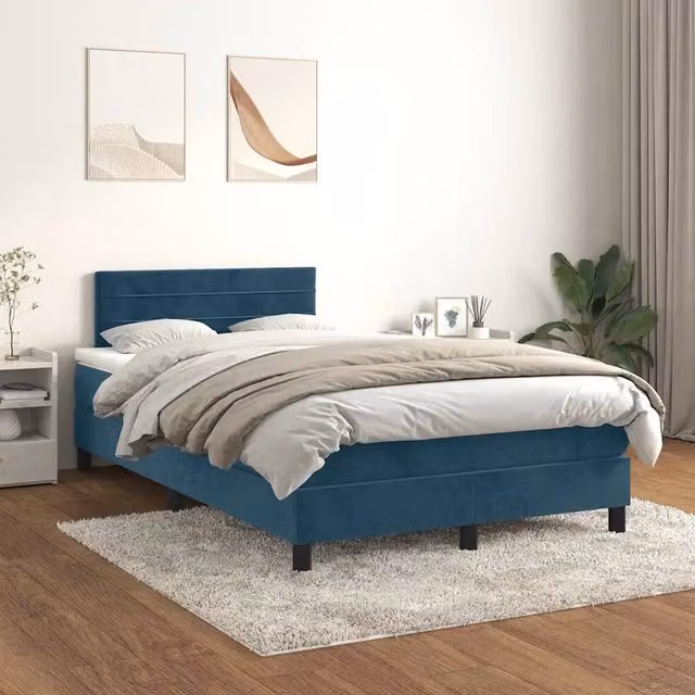 Letto Ibrido vidaXL con Giroletto a Molle e Materasso in Velluto Blu e Bianco L/P/H: 120 x 200 x 88 cm – 1