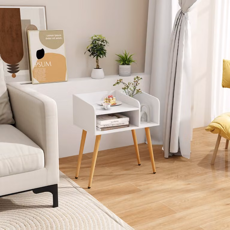 Comodino moderno Costway con due ripiani aperti, Bianco e Naturale