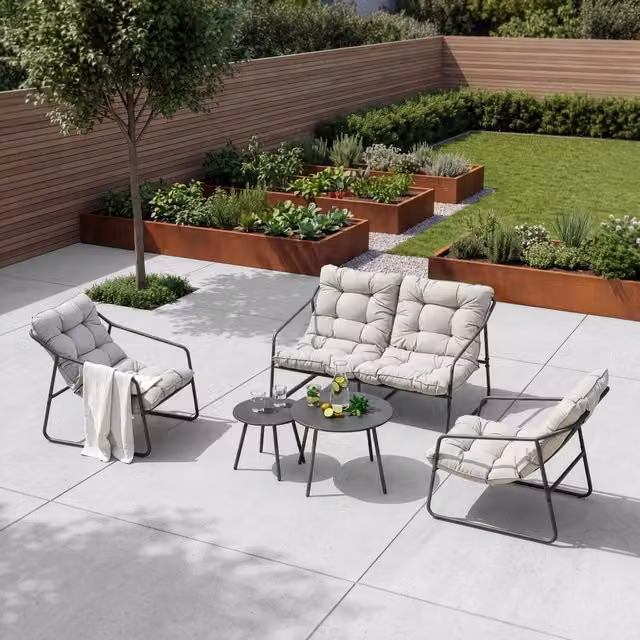 Set di 5 Mobili da Giardino Kivanta en.casa con 2 Tavolini Rotondi, 2 Poltrone e Divano, Colore Grigio Scuro e Beige