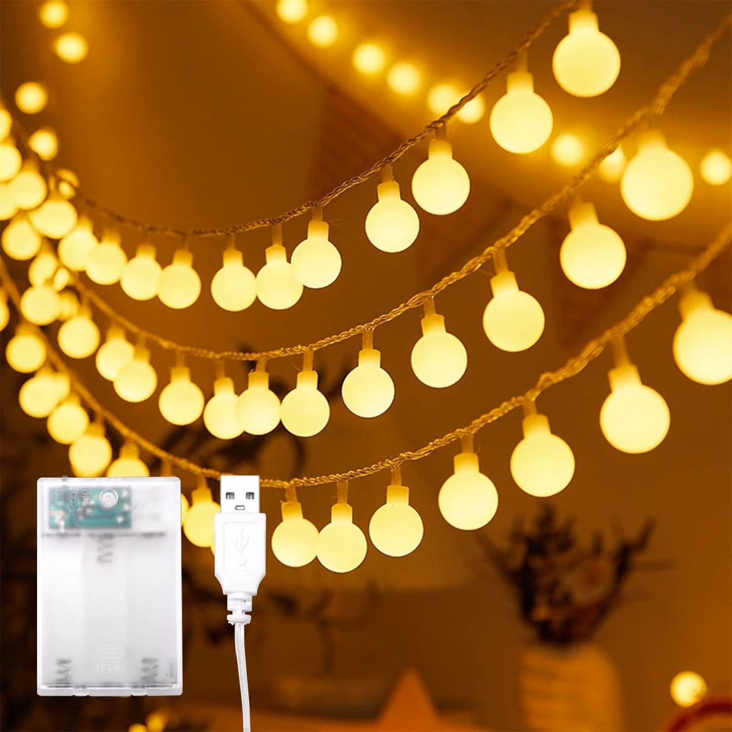 Catena luminosa con 80 luci a forma di sfera, lunghezza 10 metri, luce bianco caldo, alimentazione a batteria/USB