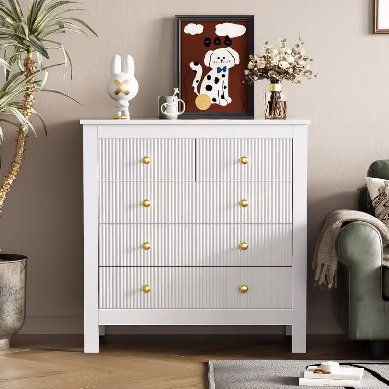 STILVORA: credenza moderna con ampio spazio contenitivo e sei cassetti, mobile di complemento con maniglie dorate, bianco
