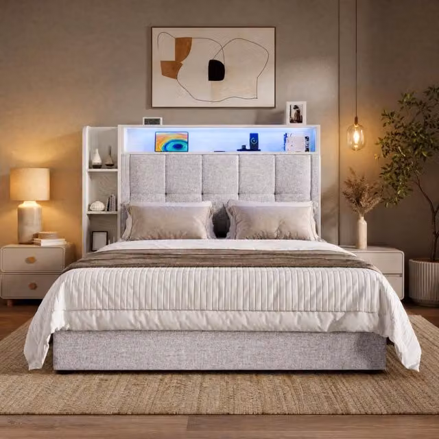 Letto singolo imbottito 90 × 200 cm con vano contenitore porte USB e Type-C LED in lino beige