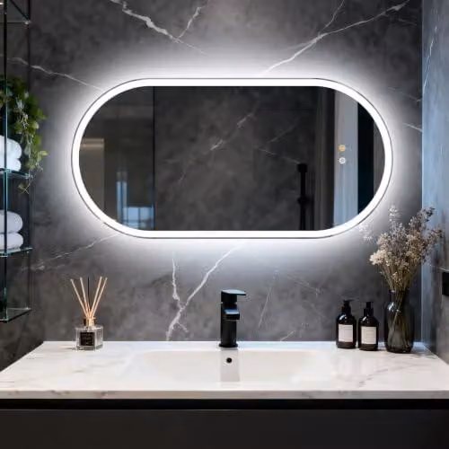 Specchio da bagno ovale con illuminazione a LED, dimensioni 50x100 cm, cornice in alluminio, vetro temperato