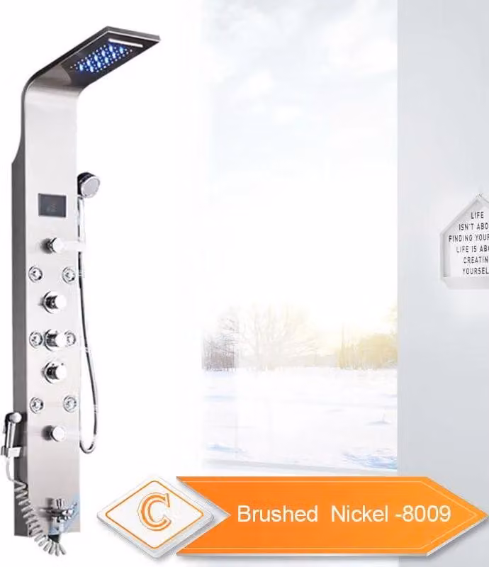 Pannello doccia, luce LED, modalità pioggia e cascata, nichel spazzolato 8009
