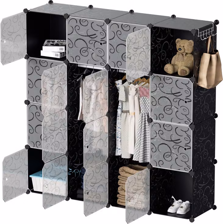 Clanmacy Sistema di scaffalatura per guardaroba fai da te Scarpiera 16 cubi di plastica Appendiabiti, 140x140x35cm bianco e nero