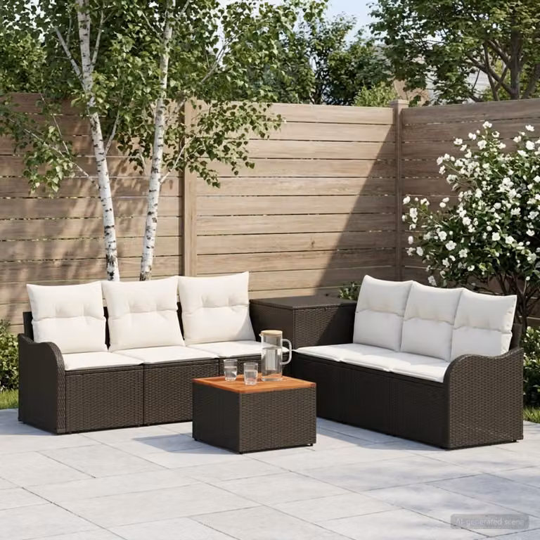 Set di divani da giardino vidaXL in polyrattan a forma di U con tavolino da caffè, 8 pezzi, Nero e Bianco Crema